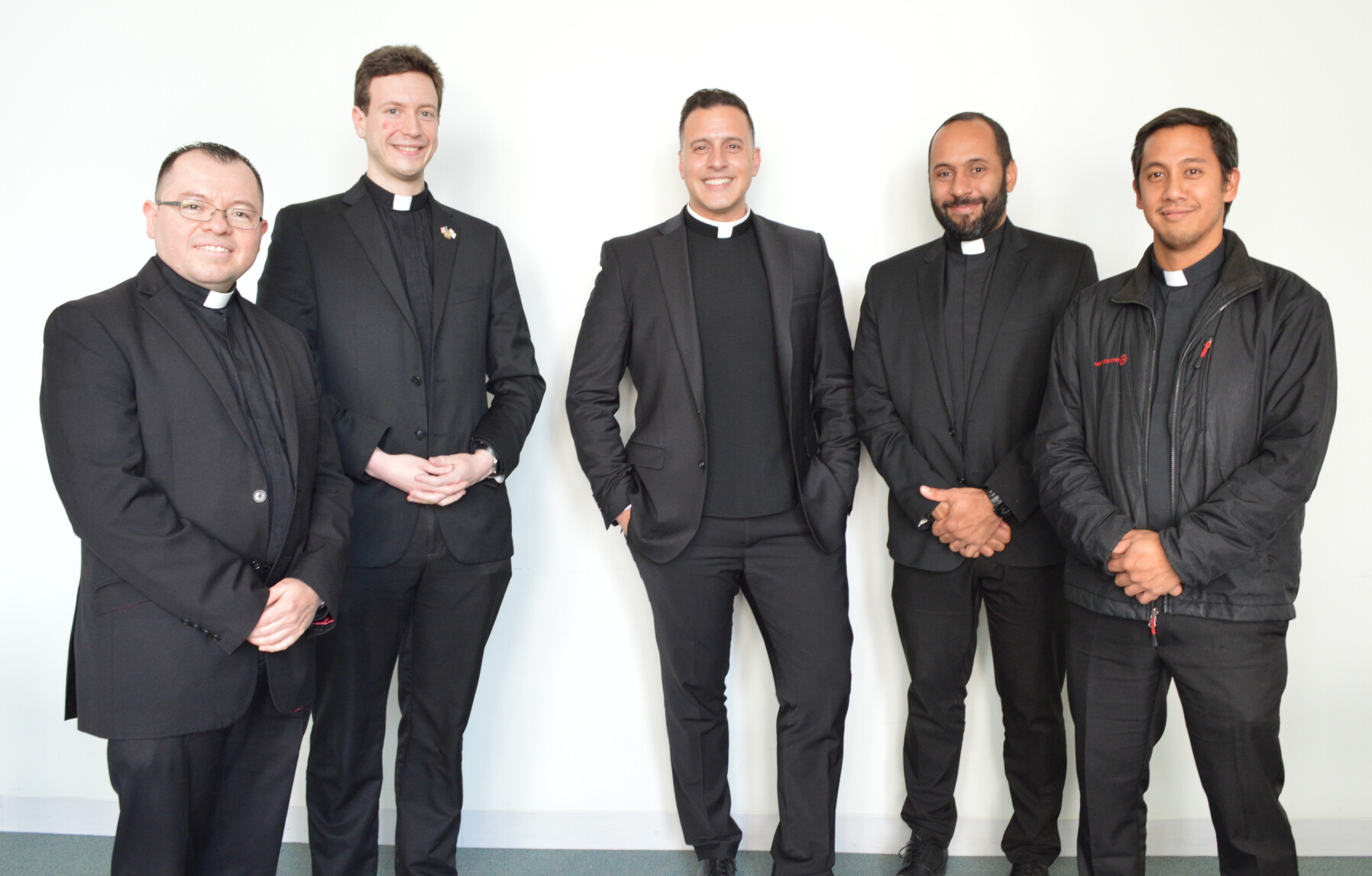 The five men ordained priests for the Archdiocese of Newark on May 29, 2021 from left to right: Moris Montoya, Christian G. Scalo, Lynx J.M. Soliman, Luis Carlos Rodrigues de Araujo, and Gabriel Celis Camacho. (Photo by Jai Agnish/Archdiocese of Newark)