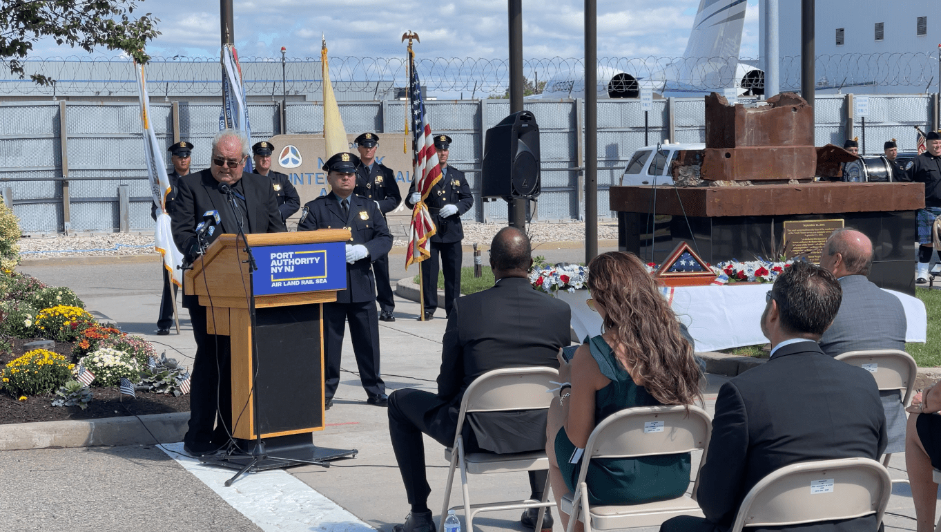 Father John McCrone -- a priest with the Archdiocese of Newark and the state chaplain for the Police Benevolent Association for 27 years -- gave a reflection on Sept. 10, 2021, at a 9/11 remembrance ceremony at Newark Liberty International Airport.