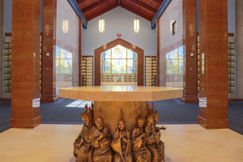 Featured image: The altar surrounded by bronze statues of Mary and the 12 Apostles at Pentecost, as seen at Saint Gertrude Cemetery and Chapel Mausoleum of the Resurrection in Colonia, N.J. (Courtesy of Catholic Cemeteries of the Archdiocese of Newark)