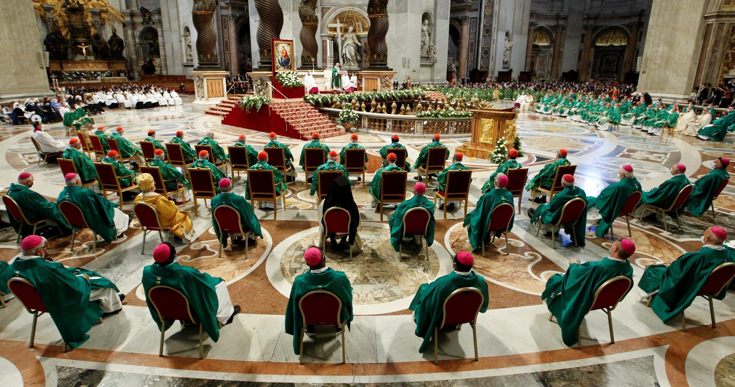 Pope Francis gives the homily as he celebrates a Mass to open the process that will lead up to the assembly of the world Synod of Bishops in 2023, in St. Peter's Basilica at the Vatican Oct. 10, 2021. (CNS photo/Remo Casilli, Reuters)