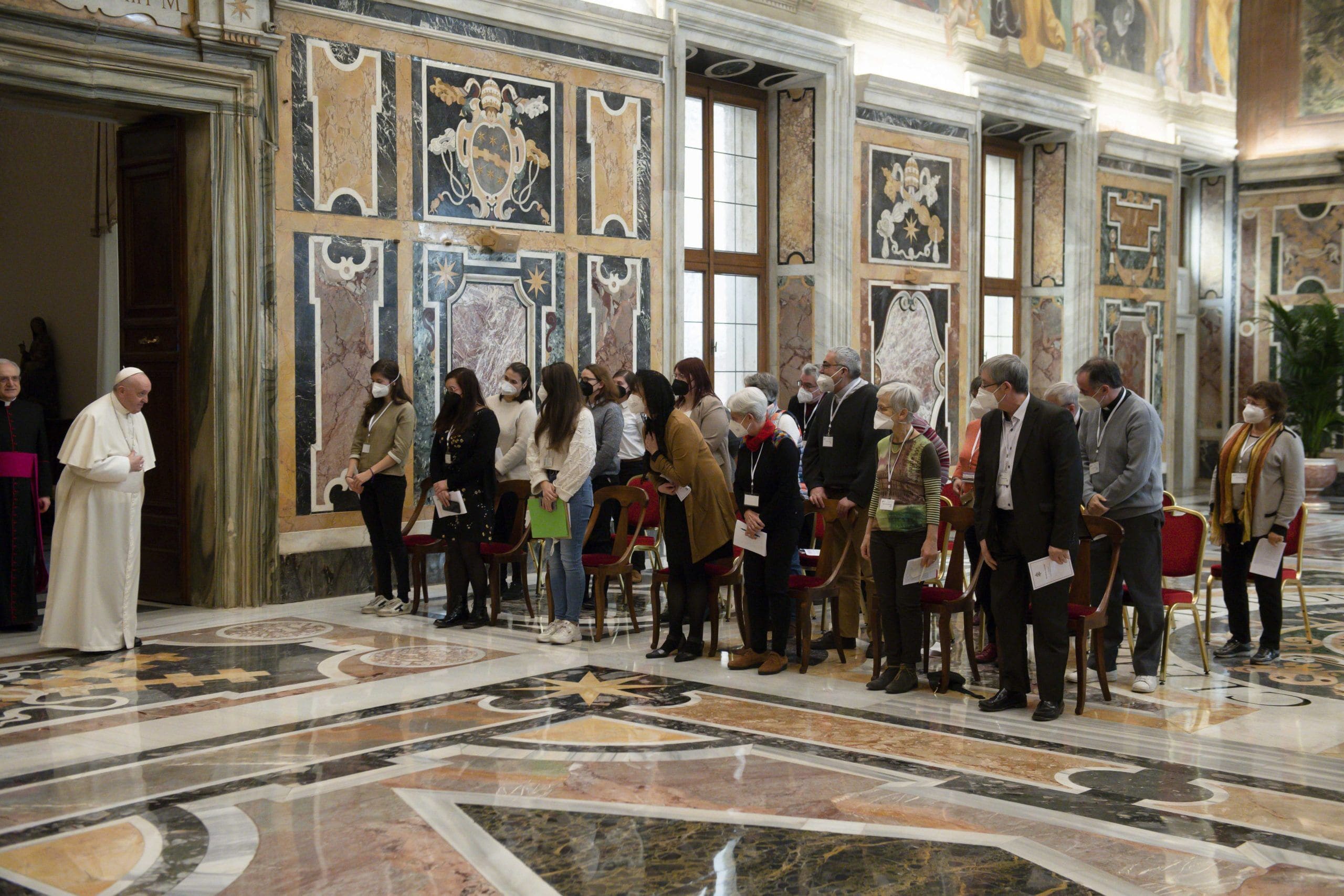 Pope Francis arrives for an audience with leaders of the French Catholic Action movement at the Vatican Jan. 13, 2022. The pope told the group that the synodal process is a path of engagement that makes room for the Holy Spirit, and not a "majority consensus like a parliament." (CNS photo/Vatican Media)