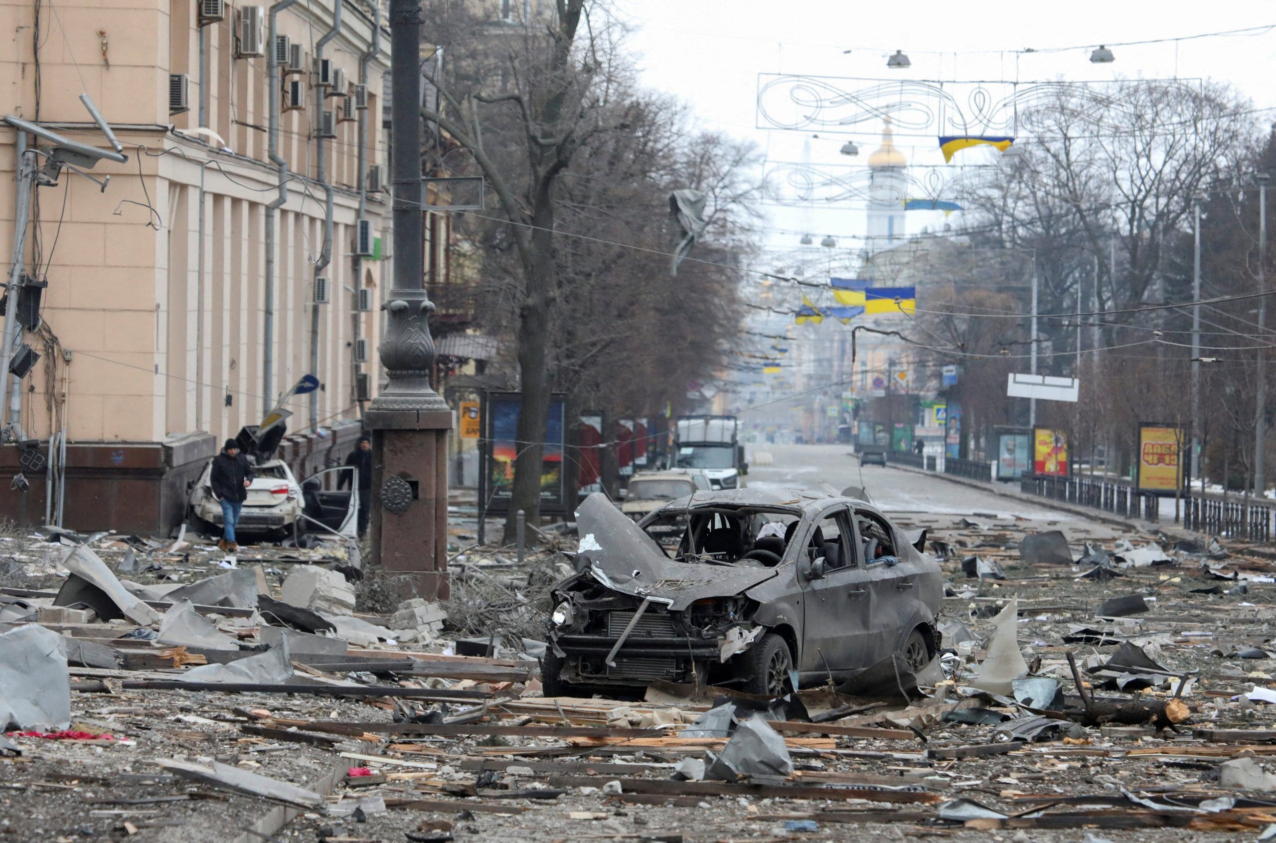 A view of central Kharkiv, Ukraine, shows the area near the regional administration building March 1, 2022. City officials said was hit by a Russian missile attack. (CNS photo/Vyacheslav Madiyevskyy, Reuters)