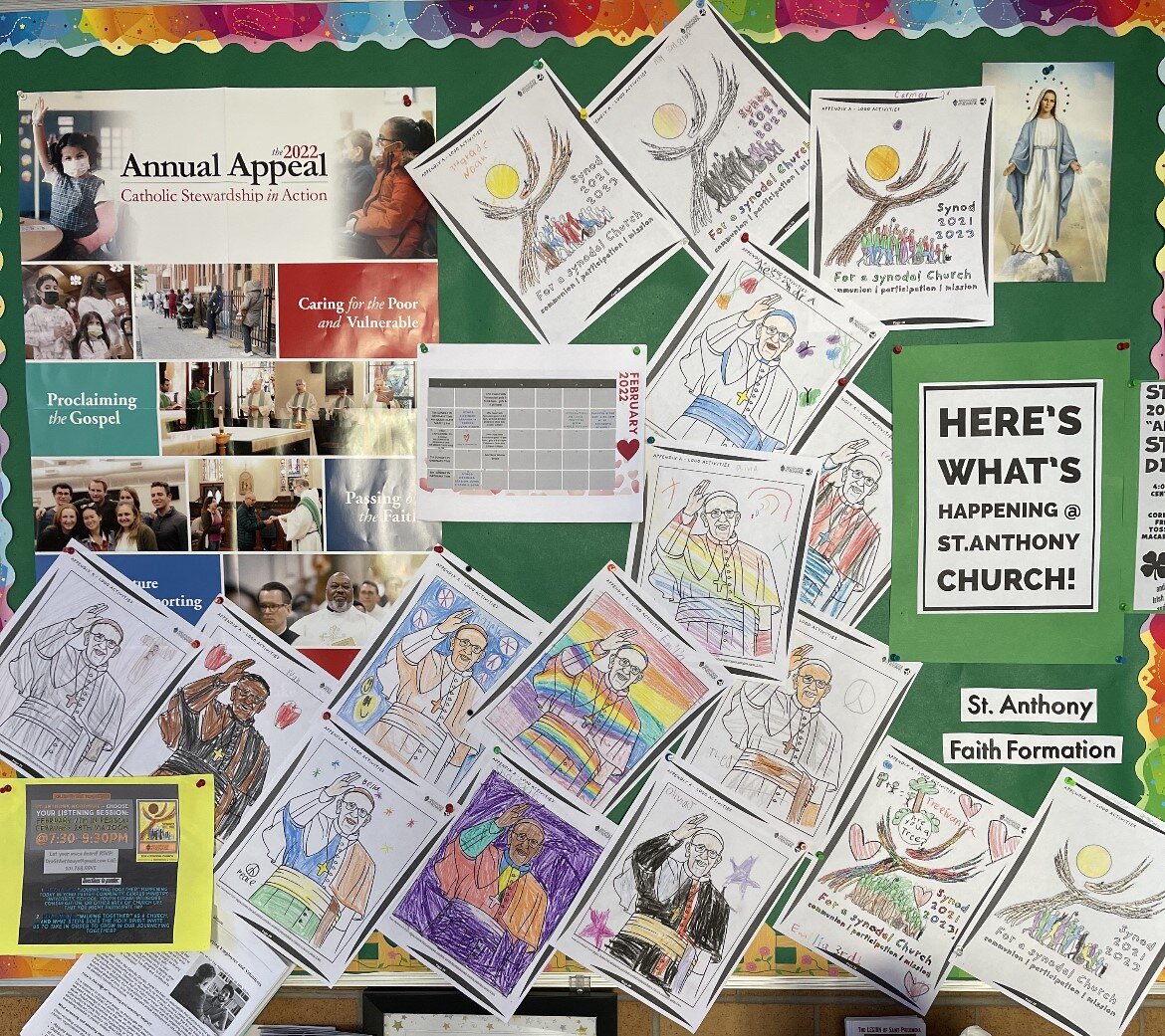 Synod coloring pages created by first-graders at St. Anthony’s Parish in Northvale are displayed on the parish bulletin board. The parish participated in Synod on Synodality listening sessions using resources created by the Archdiocese of Newark’s Catechetical Office. (Photo courtesy of St. Anthony Parish)