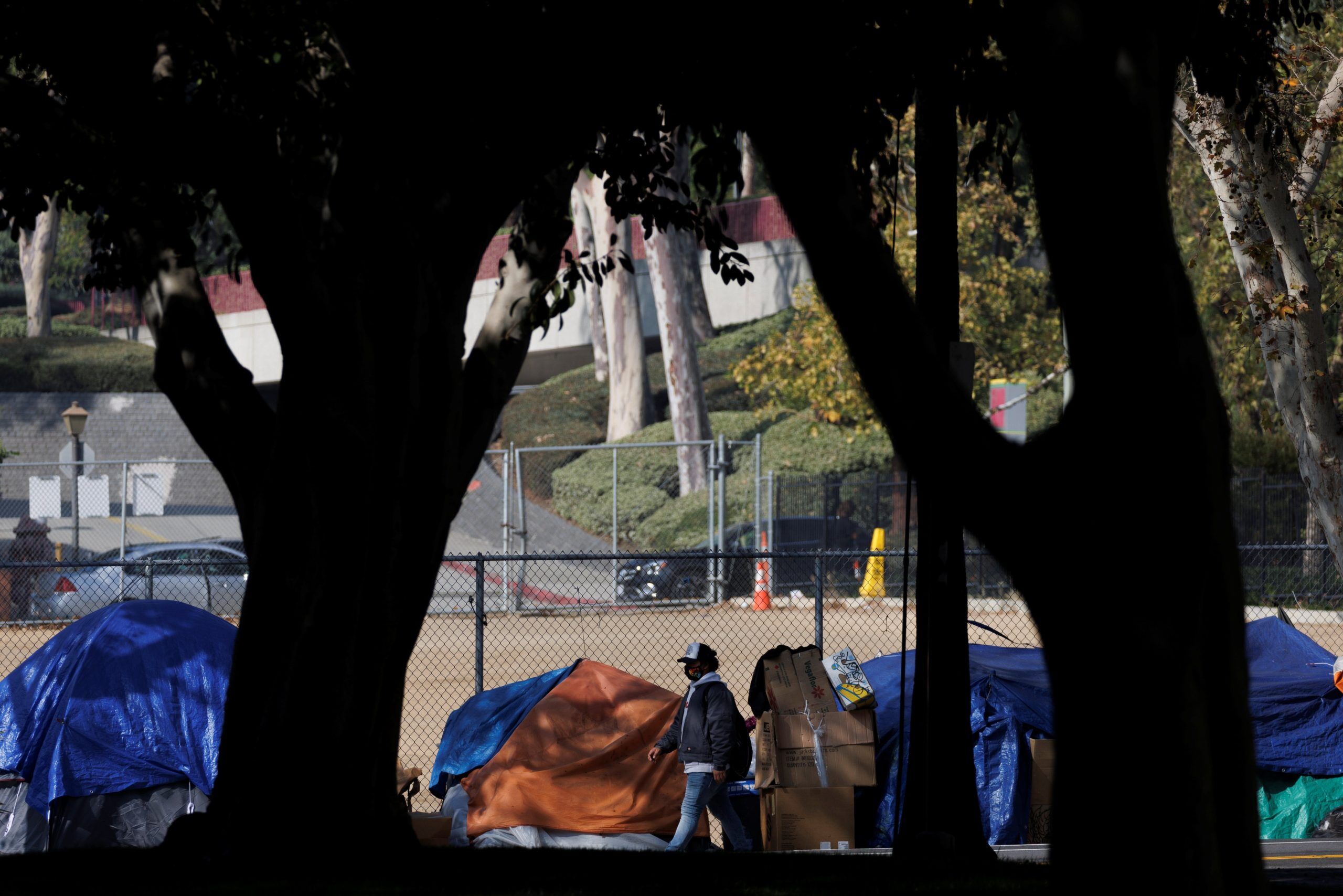 Tents for the homeless are seen near City Hall in Los Angeles Nov. 16, 2021. (CNS photo/Mike Blake, Reuters)