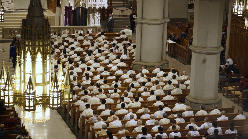 Cardinal Joseph W. Tobin, C.Ss.R., celebrated the Chrism Mass at the Cathedral Basilica of the Sacred Heart in Newark on April 11 with auxiliary bishops, priests, deacons, consecrated religious and lay faithful of the Archdiocese of Newark. (By Joe Jordan for the Archdiocese of Newark).