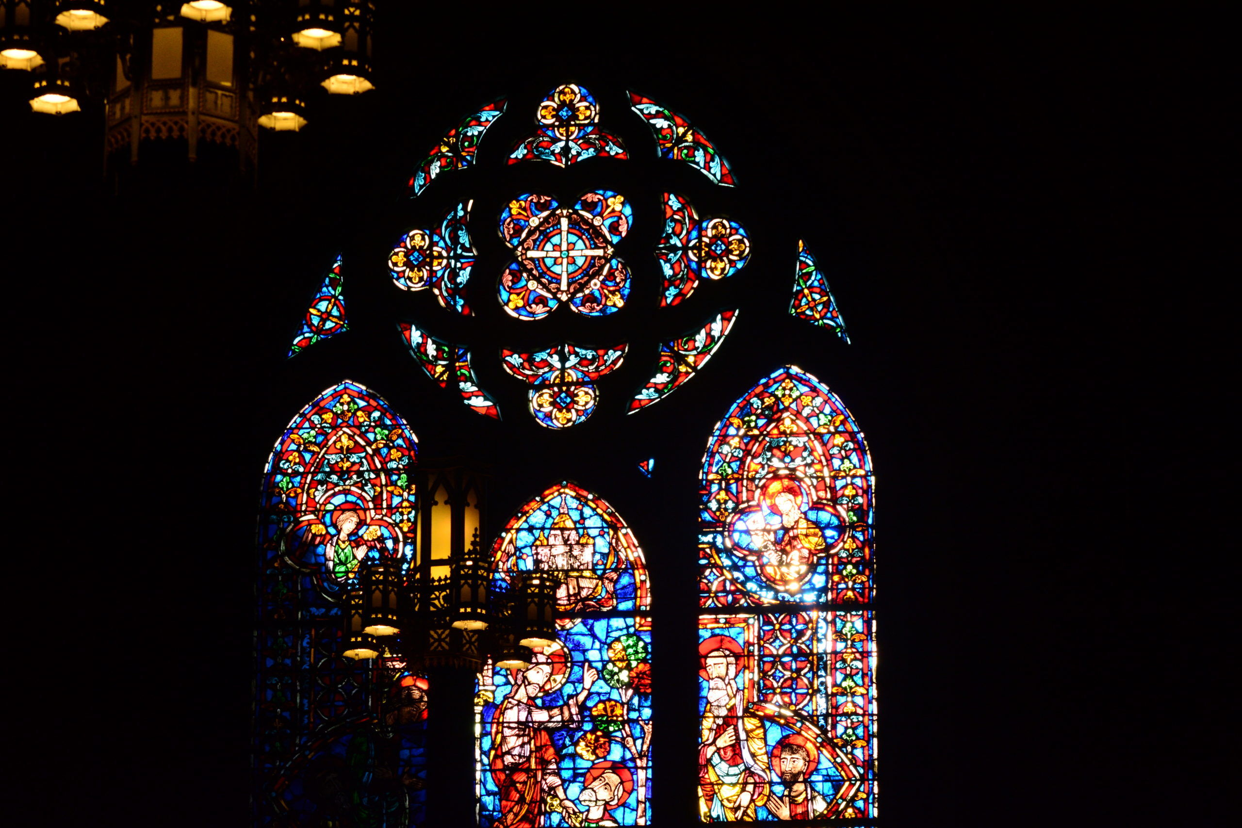 A stained glass window at the Cathedral Basilica of the Sacred Heart in Newark on June 8, 2020 during the Chrism Mass.