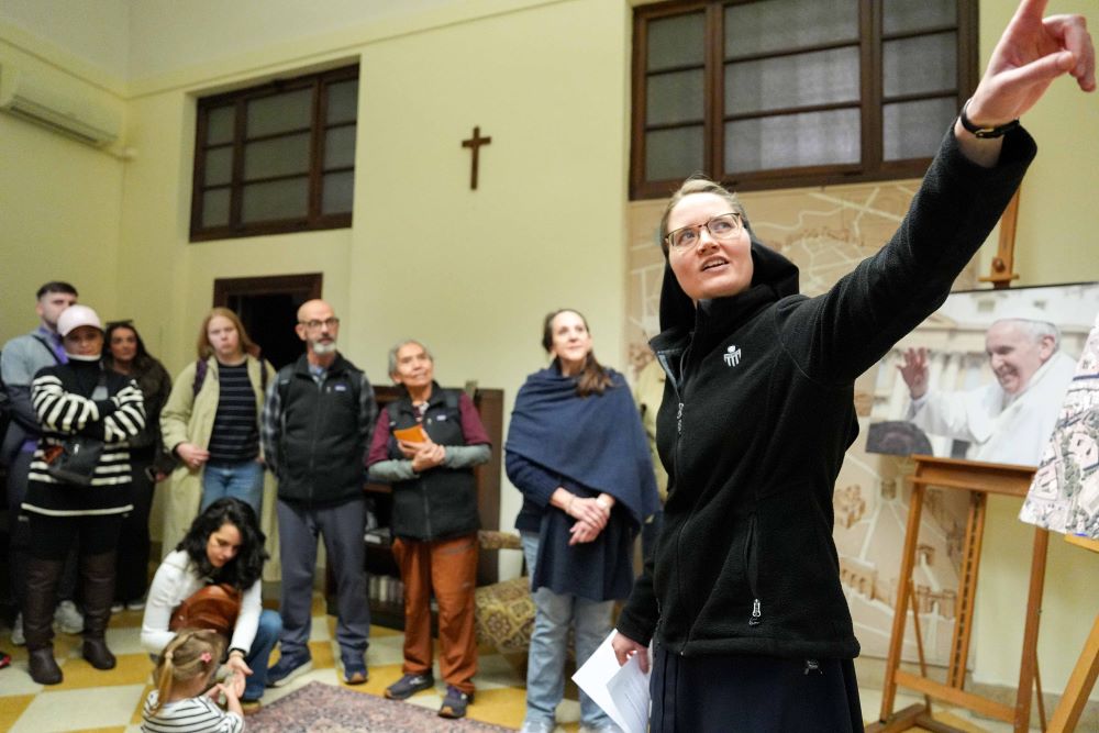 Mercy Sister Celeste Mary Poche, a staff member of the Bishops’ Office for U.S. Visitors to the Vatican, gives a brief orientation at the Casa Santa Maria of the Pontifical North American College in Rome Feb. 4, 2025. The visitors' office distributes tickets to papal audiences and provides information and guidance to visitors and pilgrims. (CNS photo/Lola Gomez)