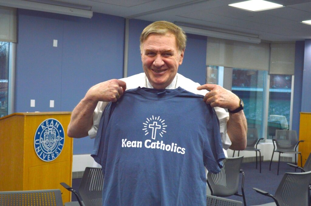 Cardinal Tobin with Kean Catholics T-shirt