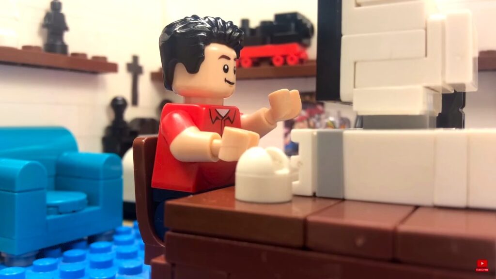 Carlo at computer - still from fan-made Carlo Acutis Lego film