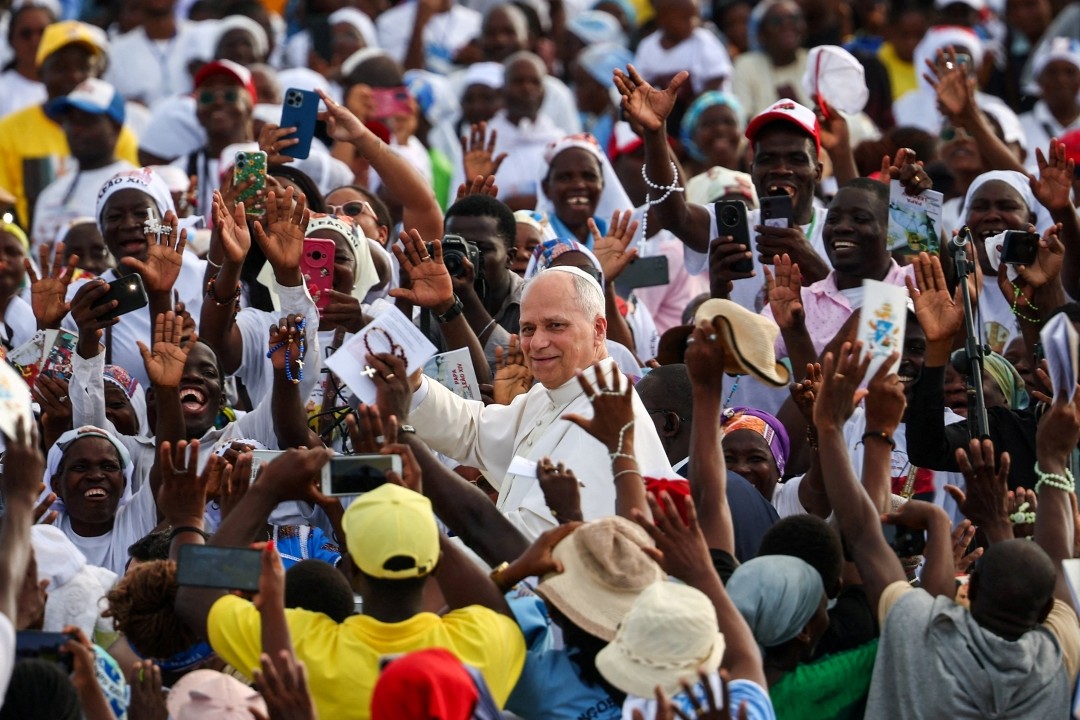 PTA - Pope Leo waving to crowds at Mama Muxima Sanctuary
