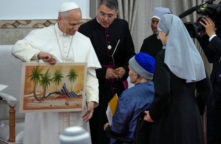 Pope receives painting at home run by Little Sisters of the Poor in Annaba Algeria