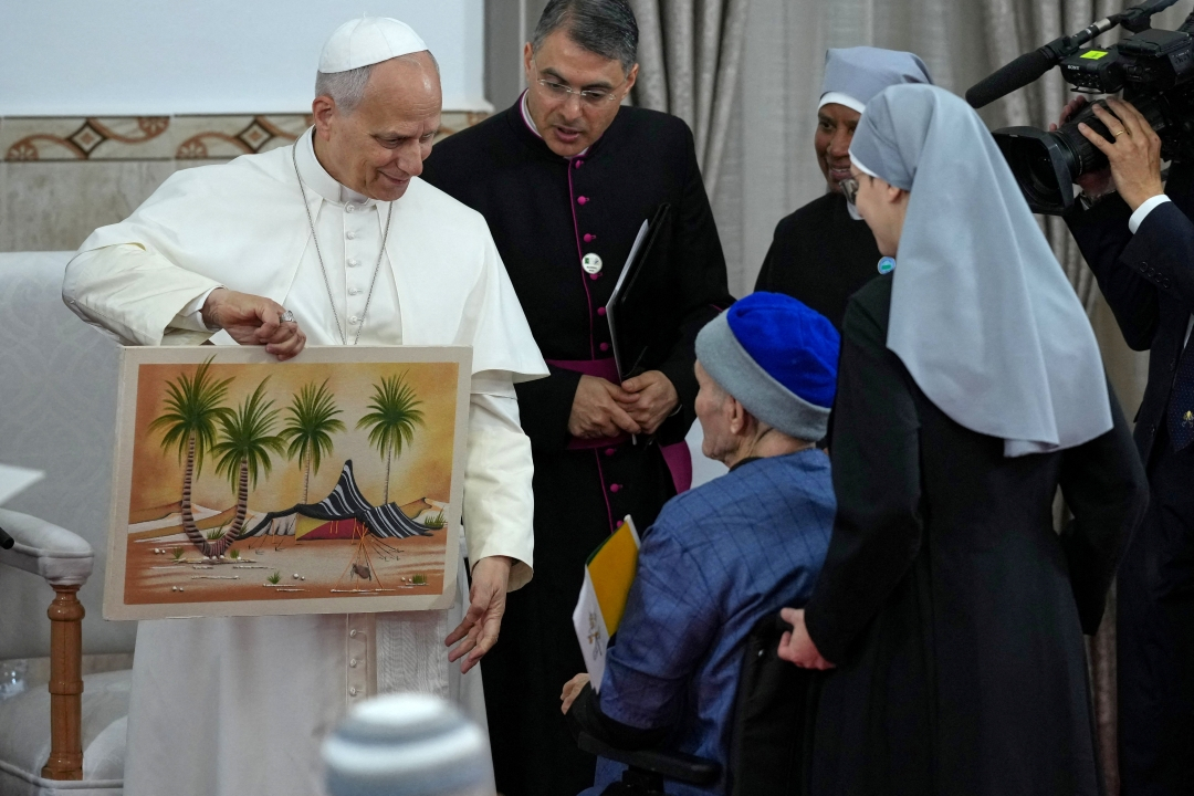 Pope receives painting at home run by Little Sisters of the Poor in Annaba Algeria