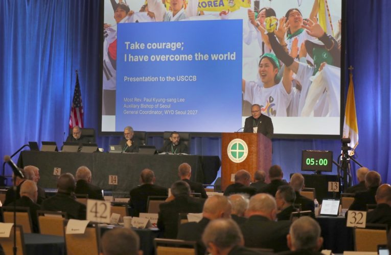 The U.S. bishops in a message to Pope Leo XIV June 10 thanked him for his new encyclical "Magnifica Humanitas" and for shining "the light of the Gospel and the tradition of the Church on the new opportunities and challenges posed by the rise" of artificial intelligence and "emerging technologies." The message to the pope about the first encyclical of his pontificate, which was released May 25 and addressed the rising era of AI and "new forms of dehumanization," was read aloud as the bishops opened the first of two public sessions during their spring plenary in Orlando. "You remind us that we must never lose sight of the life and dignity of the human person amid these profound developments," the bishops said in their letter. "May we never lose sight of the inherent dignity of all human life as we strive to ensure that technology serves the common good." Prayers for pope and for peace The bishops assured Pope Leo "of our prayers and our communion with you in the ministry of Peter." "As your papacy marks its first year, we pray that you continue to be a guiding light for the Church and for the world," they said. The U.S. bishops told the pope they joined him "in prayer for peace in our world as we continue to call for the defense of the most vulnerable, especially in areas of turmoil." "In this month of the Sacred Heart of Jesus, we humbly pray for the protection of all in harm's way," they continued, "and that through Jesus' perfect and overflowing love, there may be peace in Iran, Israel, Palestine, Lebanon, Ukraine, Myanmar, Sudan, Nigeria, and all the areas of the world torn by conflict and strife." Drawing ‘new maps of hope’ The bishops thanked Pope Leo for the teaching of his first encyclical letter. "At a time of rapid cultural and technological change, when the world is asking pertinent questions about the role and value of the human person ... you remind us that we must never lose sight of the life and dignity of the human person amid these profound developments," the bishops said. "May we never lose sight of the inherent dignity of all human life as we strive to ensure that technology serves the common good." The bishops pointed to the Church's "longstanding educational mission" as one example of those "areas for action" the pope wrote about in "Magnifica Humanitas," where each person in their own way "can cooperate in building the civilization of love." "In an age marked at times by fragmentation, isolation, and uncertainty among the young, the Church's educational tradition remains a vital model for authentic human formation," the bishops said in their message. "Your call to draw 'new maps of hope' inspires renewed efforts to accompany young people with confidence in the truth of the Gospel and with trust in their God-given dignity and vocation." They said that "as shepherds" of the U.S. Church, they are mindful "of the responsibility entrusted to us to strengthen the faith of our people, accompany those who are searching for meaning, and bear witness to the enduring truth of Christ in every aspect of society." Acknowledging challenges They acknowledged the challenges "that test our witness," including "the growing influence of secularism," the struggles families and young people have "to live the faith, "the need for renewed vocations, and the call to protect the dignity of every human life, from conception to natural death." The bishops' message to the pope also recalled their special pastoral message on immigration issued at their last fall general assembly, assuring Pope Leo that "we remain vigilant in calling our nation 'to recognize the fundamental dignity of all persons, including immigrants.'" Before the bishops' special message was approved Nov. 12, 2025, with 216 votes in favor of it, it was amended on the floor to clearly condemn "indiscriminate mass deportation" alongside their call to end "dehumanizing rhetoric and violence, whether directed at immigrants or at law enforcement." The bishops in Orlando told the pope that as they stated in that special pastoral statement, and "mindful of our nation's long history as a place of refuge and opportunity, we remain vigilant in calling our nation to recognize the fundamental dignity of all persons, including immigrants." "We bishops advocate for a meaningful reform of our nation's immigration laws and procedures. Human dignity and national security are not in conflict," they told the pope. "Both are possible if people of good will work together." Upcoming consecration "This week, as we consecrate the Church in the United States to the Sacred Heart of Jesus, we entrust our people, our families, and our communities to the Lord's abundant mercy and healing love," the bishops said. In anticipation of the 250th anniversary of the signing of the Declaration of Independence, the U.S. bishops will consecrate the country to the Sacred Heart of Jesus June 11 during their plenary. "In communion with Your Holiness, we pray that the Heart of Christ may renew the faith of our people, strengthen our charity, and make the Church ever more fully a sign of hope and unity in the world," they said, concluding the message. This article was written by OSV News staff. Featured image: Bishop Edward J. Burns of Dallas, chair of the U.S. Conference of Catholic Bishops' Committee on Laity, Marriage, Family Life and Youth, speaks about World Youth Day 2027 in Seoul, South Korea, during a June 10, 2026, session of the annual spring meeting of the U.S. Conference of Catholic Bishops in Orlando, Fla. (OSV News photo/Bob Roller)