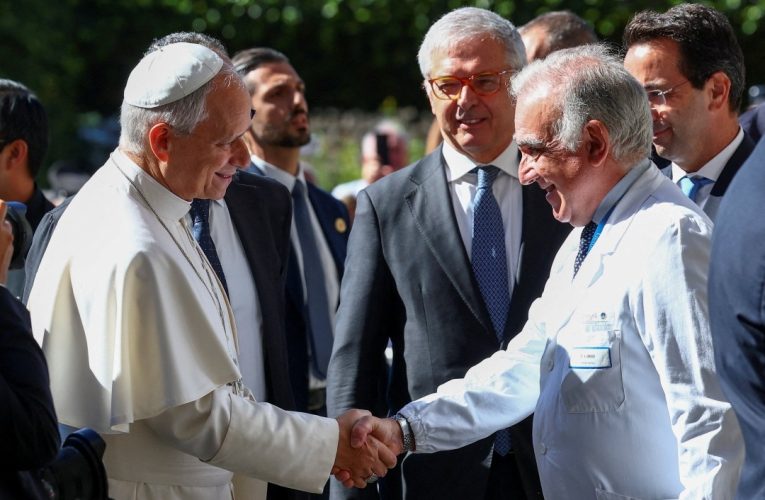 Pope Leo XIV greeted by Dr Andrea Cambieri at Rome's Gemelli Hospital Oct 13